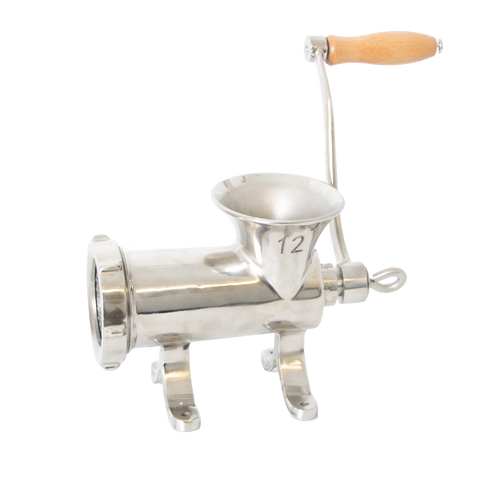 Handcrafted stainless steel mounted meat grinder with wooden handle and pre-drilled base for secure attachment, featured in Kitchen & Food, Specialty Equipment, Butchering Supplies, and Best Sellers collections.