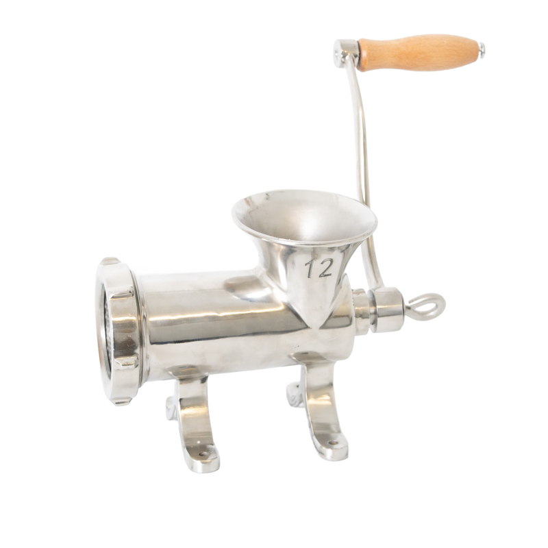 Handcrafted stainless steel mounted meat grinder with wooden handle and pre-drilled base for secure attachment, featured in Kitchen & Food, Specialty Equipment, Butchering Supplies, and Best Sellers collections.