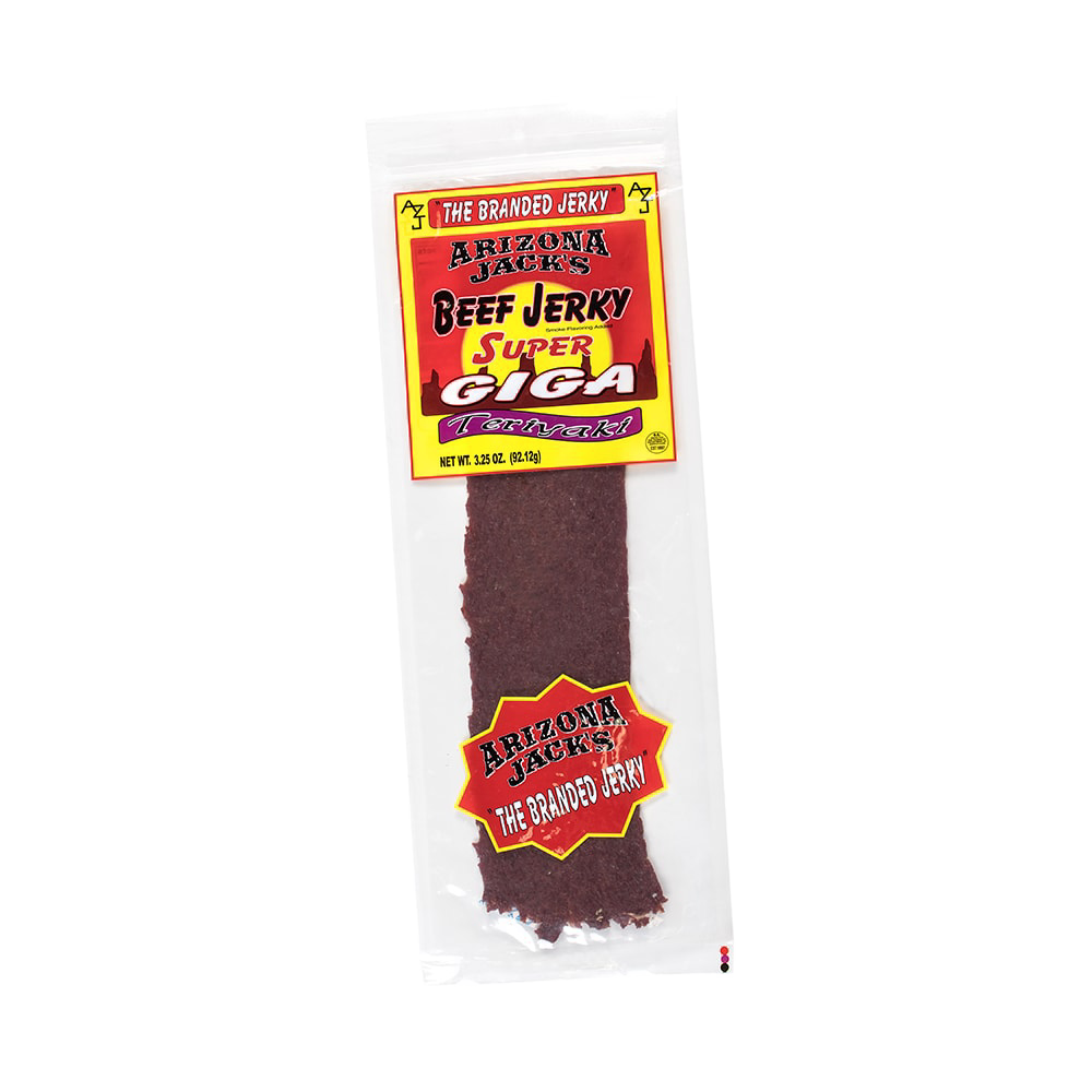 Clear resealable package containing a large strip of teriyaki-flavored beef jerky, featured in Kitchen & Food and Snacks and Sweets collections for hearty snacking and sharing.