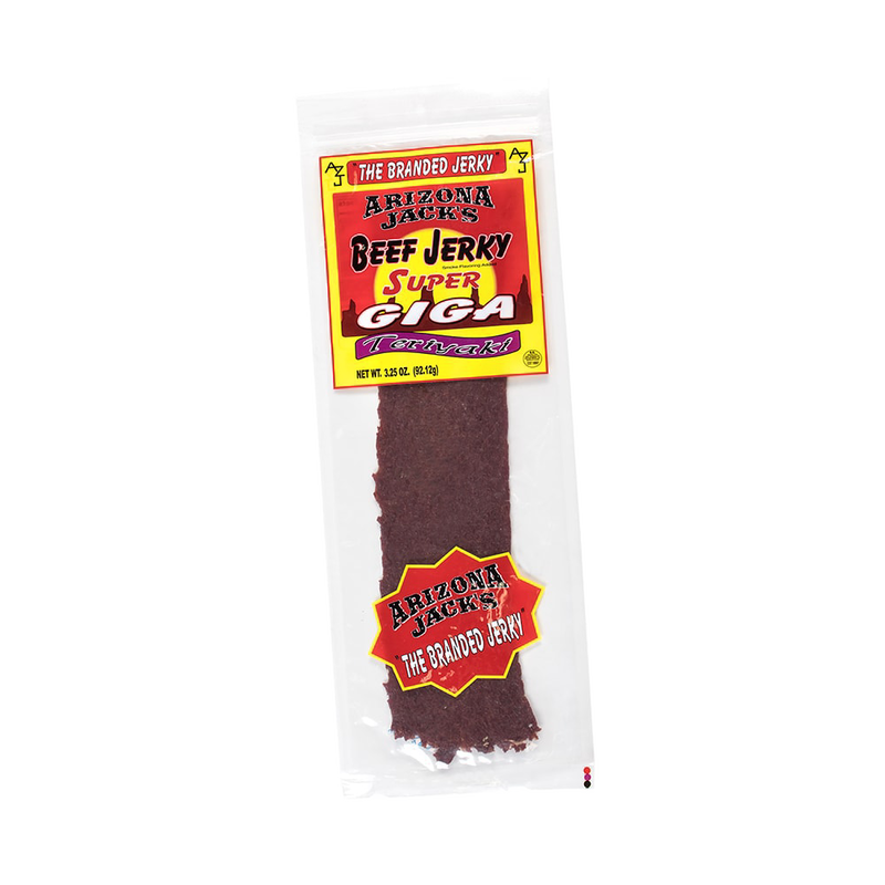 Clear resealable package containing a large strip of teriyaki-flavored beef jerky, featured in Kitchen & Food and Snacks and Sweets collections for hearty snacking and sharing.
