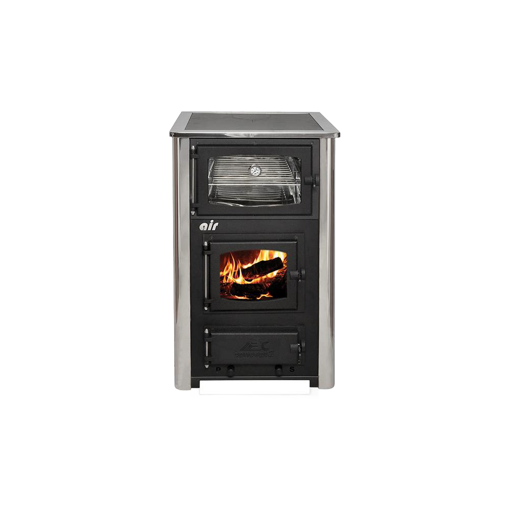 Compact wood cookstove with a glass window showing burning logs, featuring a built-in oven above, blending the charm of a fireplace with practical cooking for stoves and cookstoves collections.