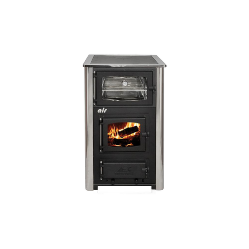 Compact wood cookstove with a glass window showing burning logs, featuring a built-in oven above, blending the charm of a fireplace with practical cooking for stoves and cookstoves collections.