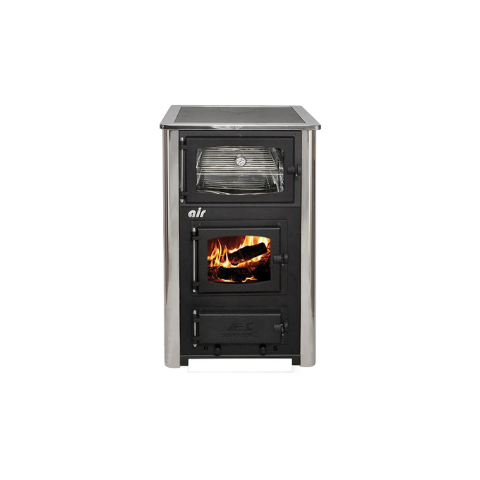 Compact wood cookstove with a glass window showing burning logs, featuring a built-in oven above, blending the charm of a fireplace with practical cooking for stoves and cookstoves collections.