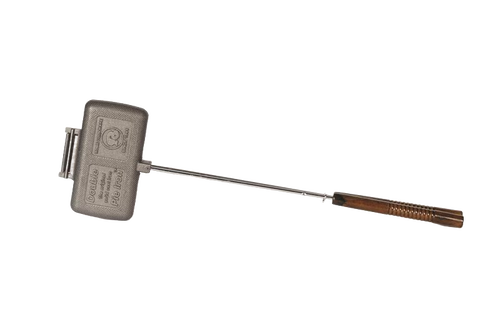 Handcrafted cast iron double sandwich iron with a long handle and wooden grip, featuring an open-hinged design for easy cleaning, perfect for Farm, Garden & Tool and Camping collections.