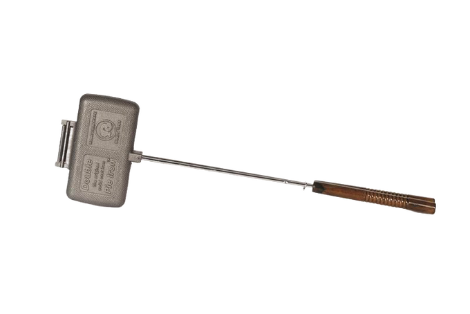 Handcrafted cast iron double sandwich iron with a long handle and wooden grip, featuring an open-hinged design for easy cleaning, perfect for Farm, Garden & Tool and Camping collections.