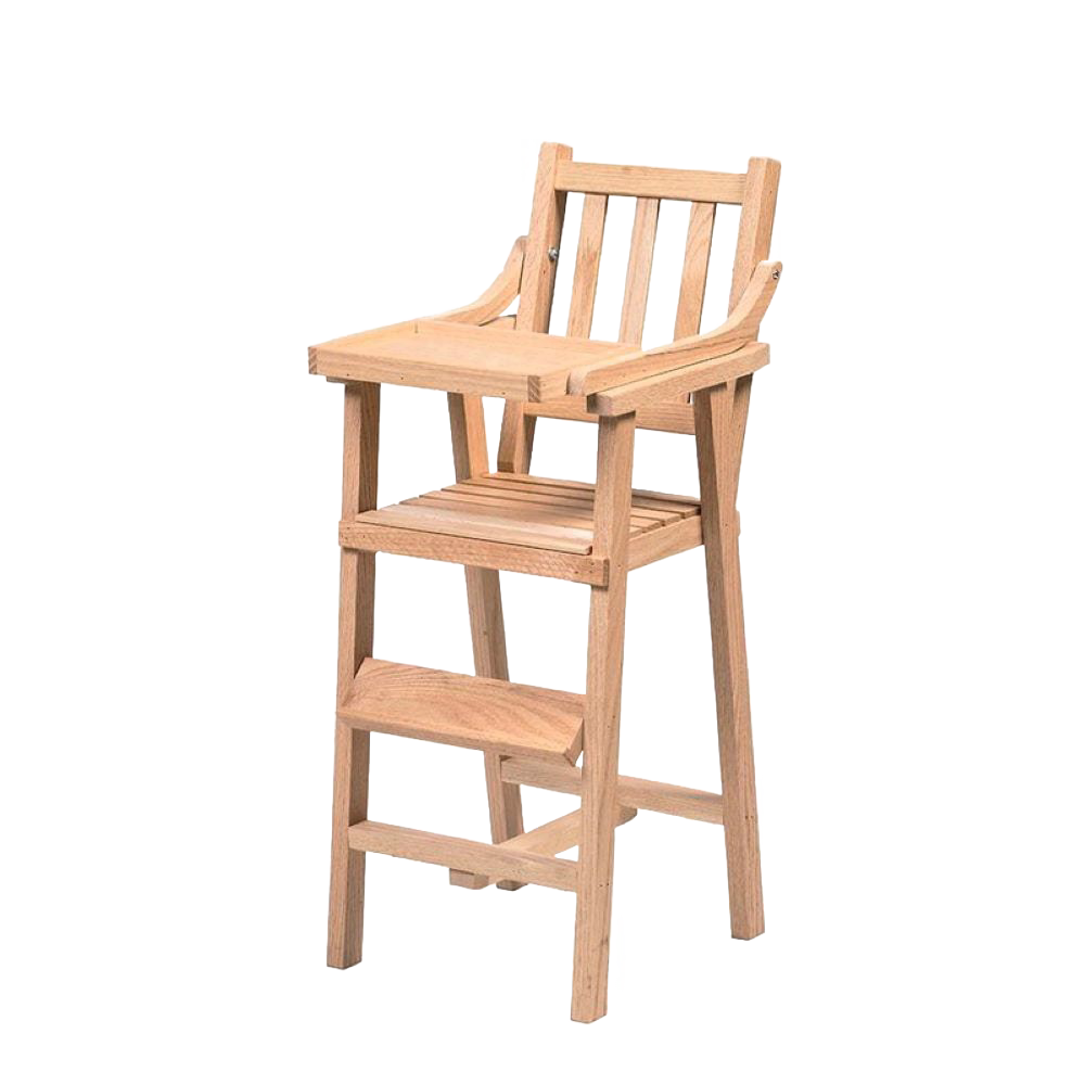 Handcrafted Amish-made wooden doll high chair with natural finish, featuring a classic design, step footrest, and sturdy construction, ideal for children's toys and doll accessories.