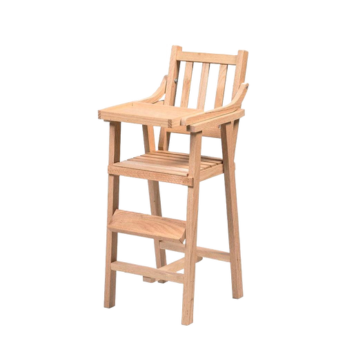 Handcrafted Amish-made wooden doll high chair with natural finish, featuring a classic design, step footrest, and sturdy construction, ideal for children's toys and doll accessories.