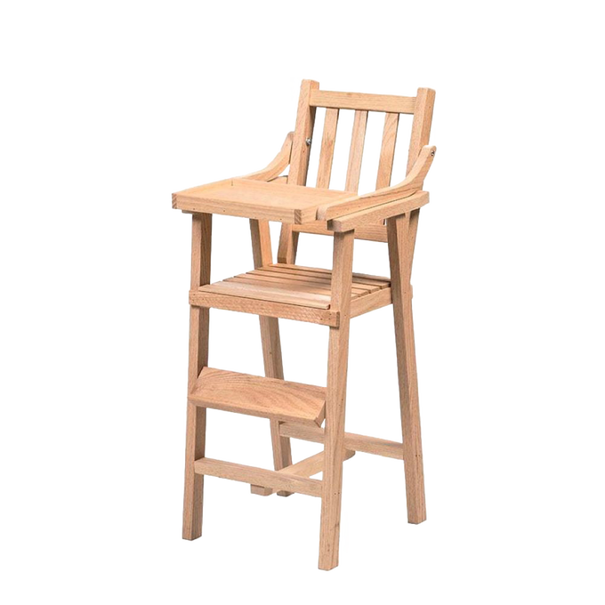 Handcrafted Amish-made wooden doll high chair with natural finish, featuring a classic design, step footrest, and sturdy construction, ideal for children's toys and doll accessories.