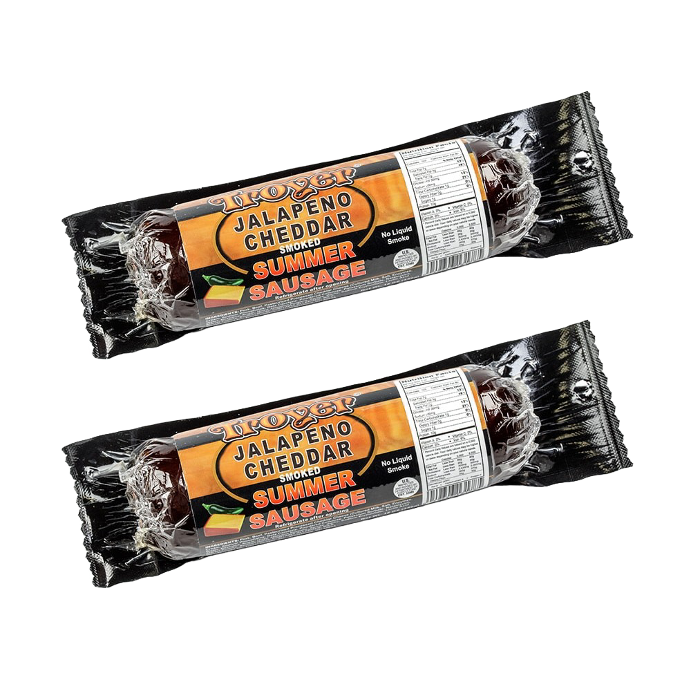 Two vacuum-sealed, handcrafted summer sausages featuring smoked jalapeno cheddar flavor, made in USA, perfect for Kitchen & Food, Snacks and Sweets, Pantry, and Meats collections.