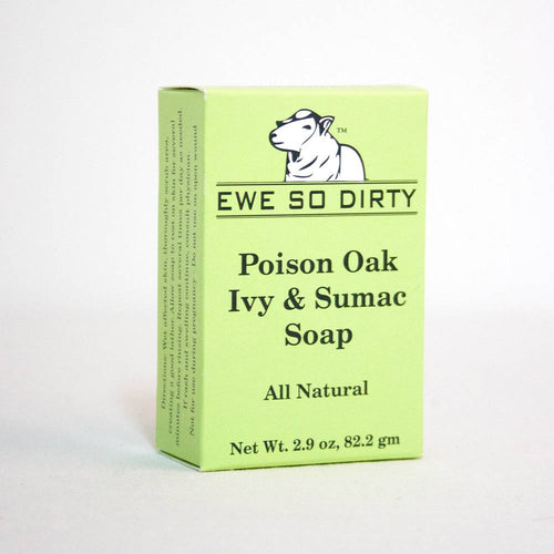 Pale green box of handcrafted all-natural soap made with essential oils and herbal extracts, offering soothing relief from poison oak, ivy, and sumac irritation, featured in Health & Wellness, Soaps and Soapmaking, USA Made, Best Sellers, and Promo Eligible collections.