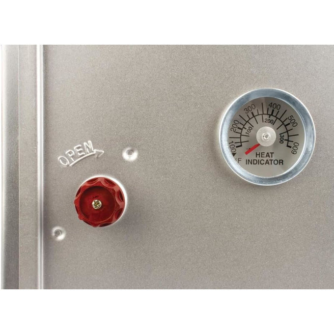 Close-up of aluminized steel oven door detail showing built-in thermometer and red opening knob, designed for camping and outdoor cooking in Farm, Garden & Tool, Stoves, and Camping collections.