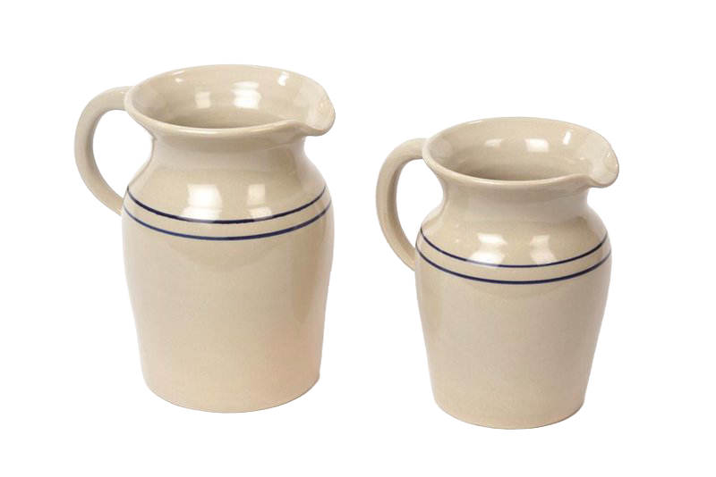 Pair of handcrafted glazed stoneware pitchers in cream with two simple blue stripes, lead-free and made in USA, perfect for Kitchen & Food, Dinnerware, Holiday Hosting, and Storage and Serving collections.