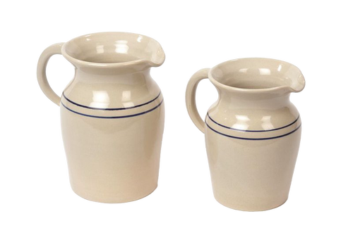 Pair of handcrafted glazed stoneware pitchers in cream with two simple blue stripes, lead-free and made in USA, perfect for Kitchen & Food, Dinnerware, Holiday Hosting, and Storage and Serving collections.