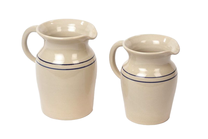 Pair of handcrafted glazed stoneware pitchers in cream with two simple blue stripes, lead-free and made in USA, perfect for Kitchen & Food, Dinnerware, Holiday Hosting, and Storage and Serving collections.