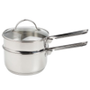 Polished stainless steel double boiler with tempered glass lid and long handles, designed for gentle heating in cooking and baking, featured in Kitchen & Food and Cookware collections.
