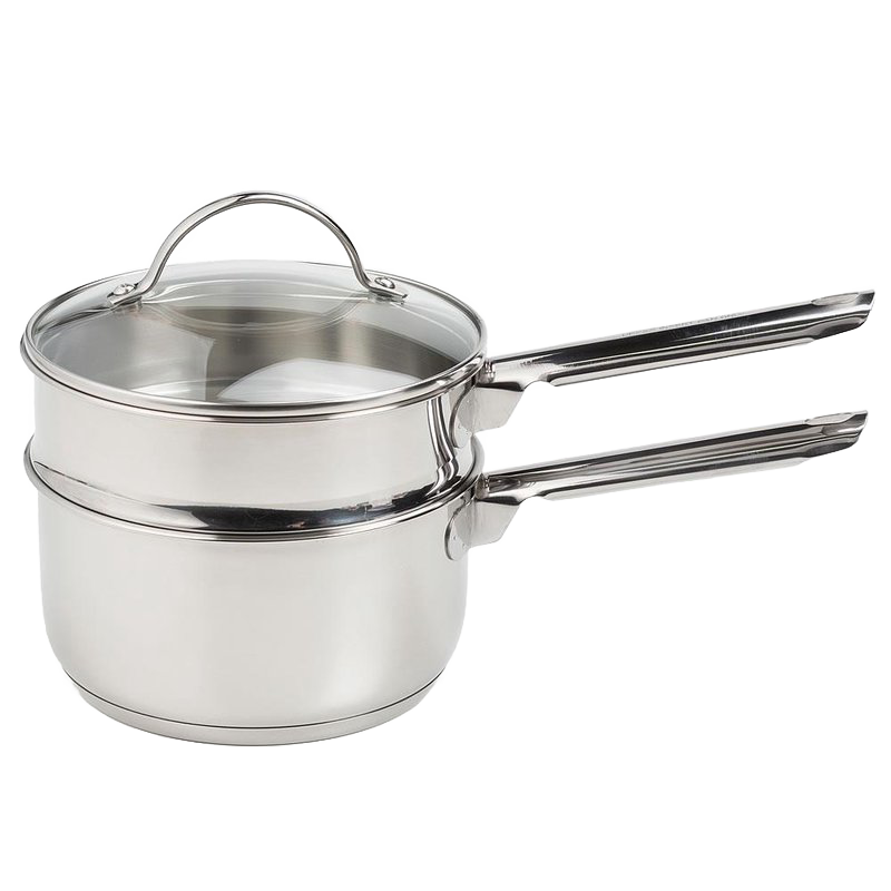 Polished stainless steel double boiler with tempered glass lid and long handles, designed for gentle heating in cooking and baking, featured in Kitchen & Food and Cookware collections.