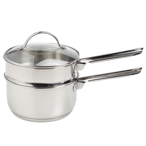 Polished stainless steel double boiler with tempered glass lid and long handles, designed for gentle heating in cooking and baking, featured in Kitchen & Food and Cookware collections.