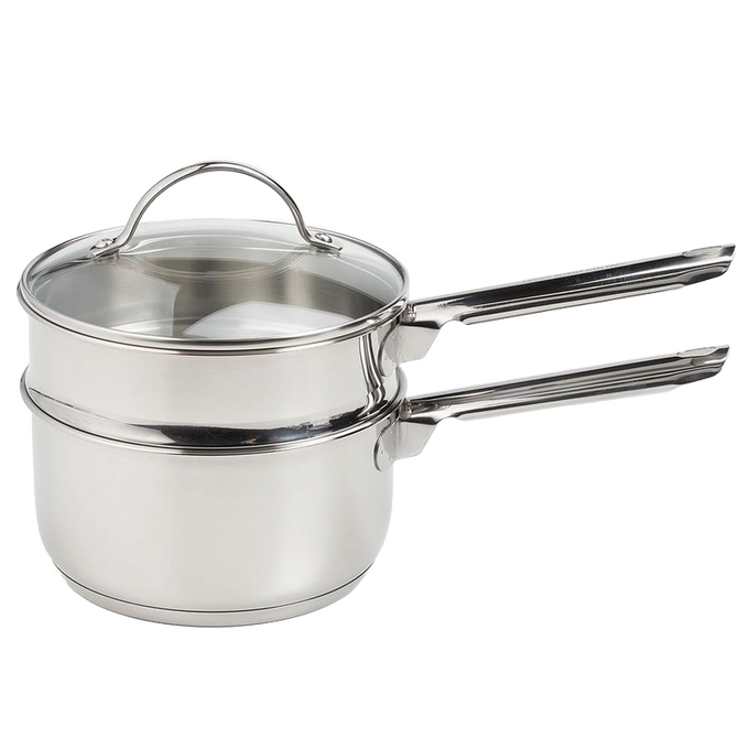 Polished stainless steel double boiler with tempered glass lid and long handles, designed for gentle heating in cooking and baking, featured in Kitchen & Food and Cookware collections.