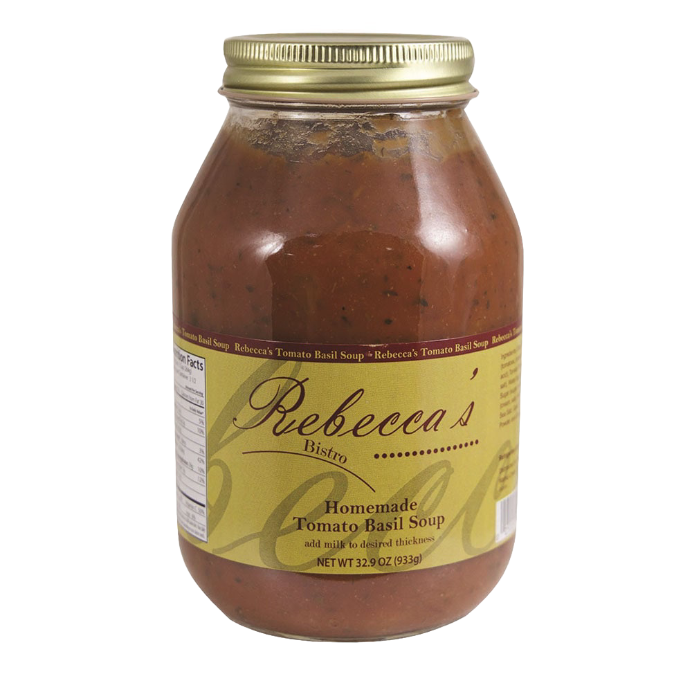Glass jar of handcrafted Amish-made tomato basil soup with a gold lid and beige label, featured in Kitchen & Food, Food, Soups, USA Made, Best Sellers, and Promo Eligible collections.