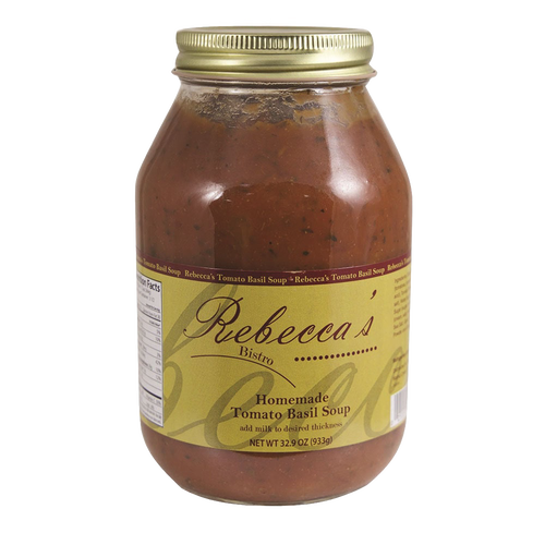 Glass jar of handcrafted Amish-made tomato basil soup with a gold lid and beige label, featured in Kitchen & Food, Food, Soups, USA Made, Best Sellers, and Promo Eligible collections.