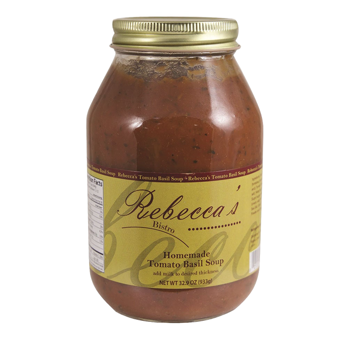Glass jar of handcrafted Amish-made tomato basil soup with a gold lid and beige label, featured in Kitchen & Food, Food, Soups, USA Made, Best Sellers, and Promo Eligible collections.