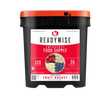Black and red emergency food bucket containing 120 servings of freeze-dried bananas, strawberries, blueberries, and apples, designed for long-term food storage in emergency supplies, pantry, and kitchen collections.