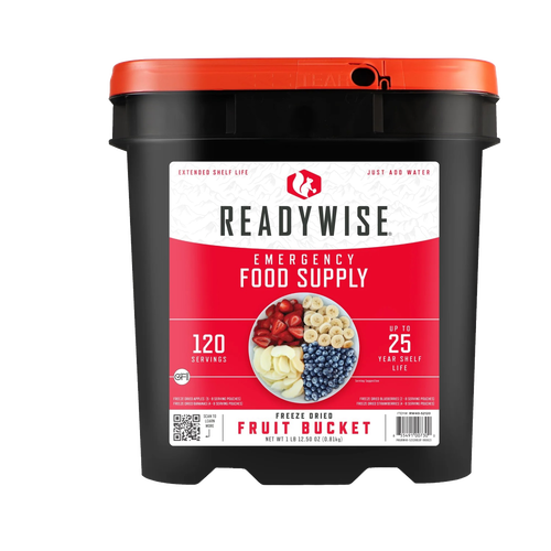 Black and red emergency food bucket containing 120 servings of freeze-dried bananas, strawberries, blueberries, and apples, designed for long-term food storage in emergency supplies, pantry, and kitchen collections.