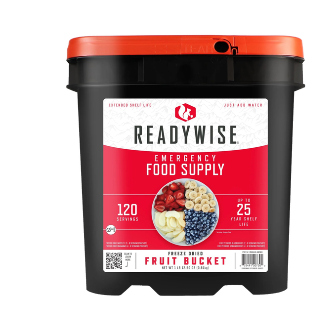 Black and red emergency food bucket containing 120 servings of freeze-dried bananas, strawberries, blueberries, and apples, designed for long-term food storage in emergency supplies, pantry, and kitchen collections.