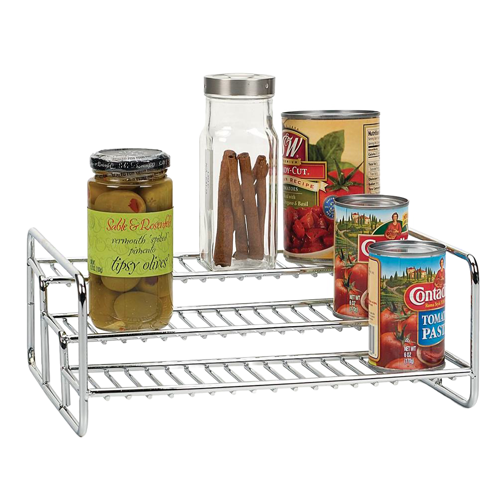 Chrome-finished 3-tier rack holding assorted pantry items including a jar of olives, a spice container with cinnamon sticks, and several canned goods, ideal for kitchen organization and storage.