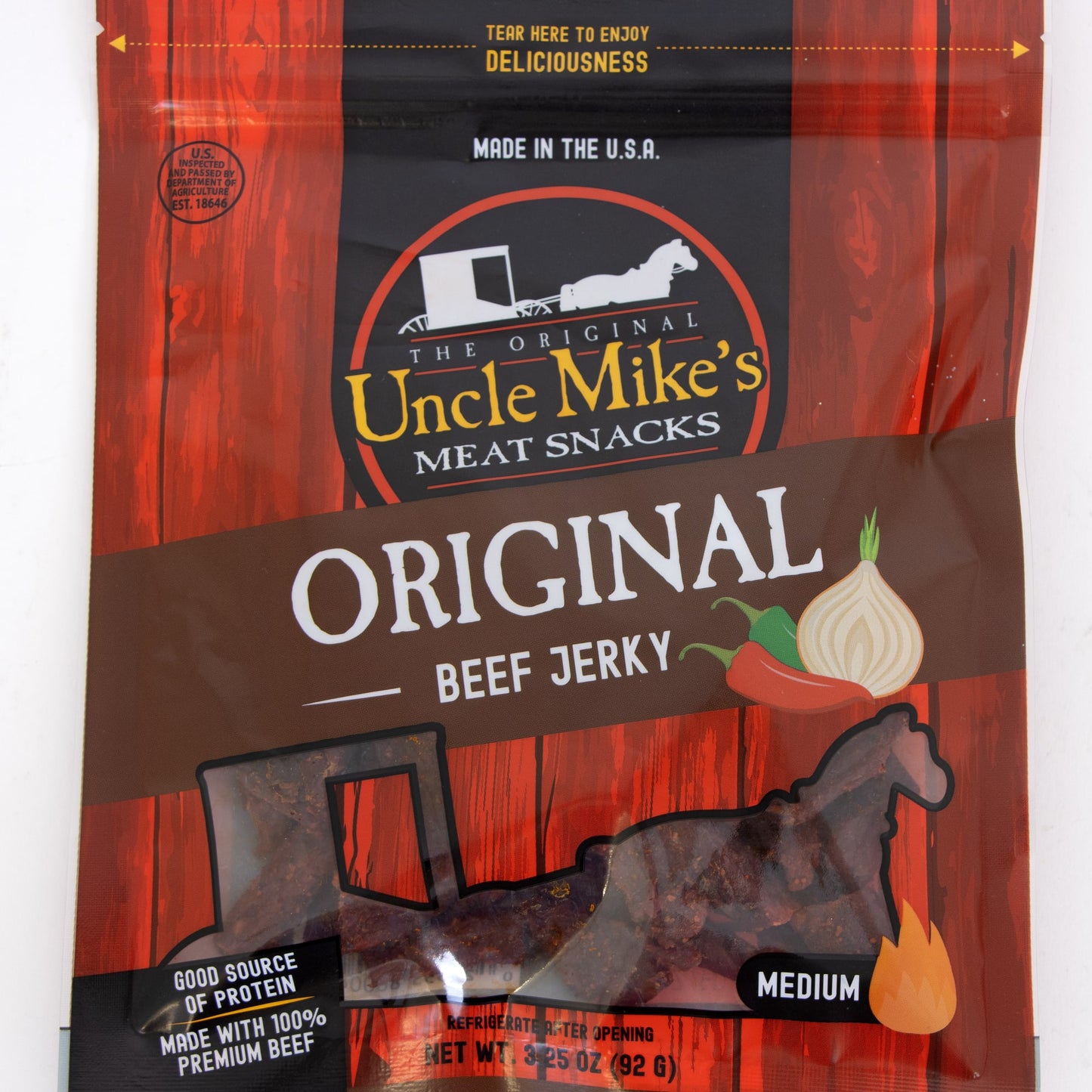 Resealable bag of original flavor beef jerky with clear window showing medium-spiced, handcrafted, protein-rich meat snack made in USA for Kitchen & Food, Meat, and Best Sellers collections.