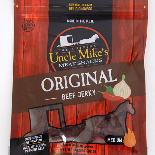Resealable bag of original flavor beef jerky with clear window showing medium-spiced, handcrafted, protein-rich meat snack made in USA for Kitchen & Food, Meat, and Best Sellers collections.