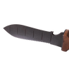 Close-up of a hardened steel garden knife blade with serrated edge, measuring marks, and a wooden handle, designed for precise digging and cultivating in farm and garden tool collections.