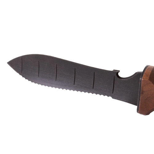 Close-up of a hardened steel garden knife blade with serrated edge, measuring marks, and a wooden handle, designed for precise digging and cultivating in farm and garden tool collections.