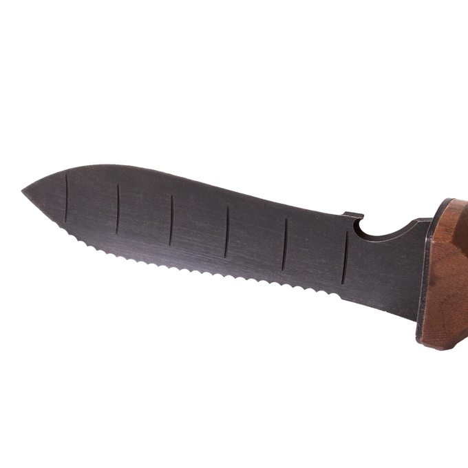 Close-up of a hardened steel garden knife blade with serrated edge, measuring marks, and a wooden handle, designed for precise digging and cultivating in farm and garden tool collections.