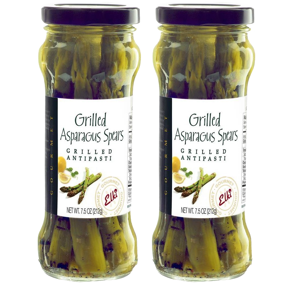 Two jars of fire-grilled asparagus spears in marinade, handcrafted for bold antipasti flavor, suitable for Kitchen & Food, Food, Pantry, Best Sellers, and Promo Eligible collections.