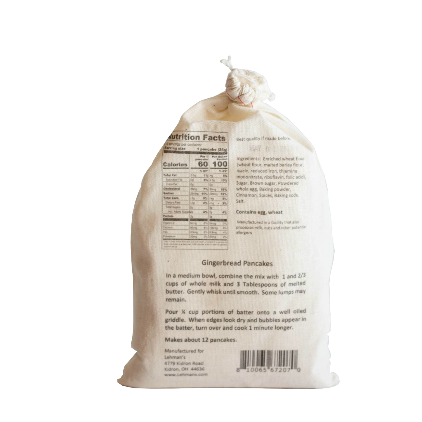 Natural fabric bag of handcrafted Lehman's pancake mix in gingerbread flavor, featuring nutrition facts, ingredients, and cooking instructions, ideal for Kitchen & Food, Pantry, Dry Goods and Mixes, Best Sellers, and Promo Eligible collections.