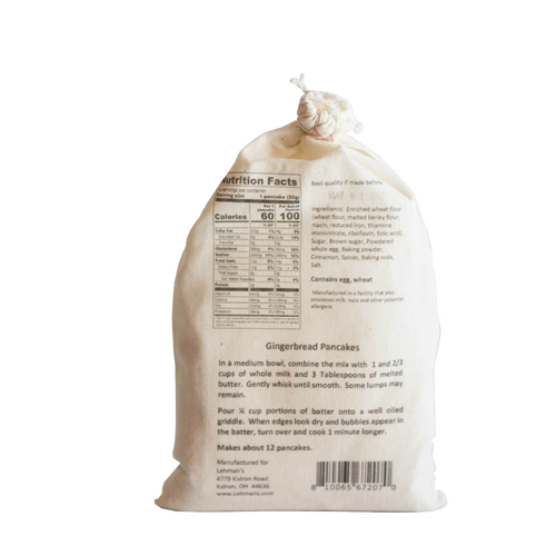 Natural fabric bag of handcrafted Lehman's pancake mix in gingerbread flavor, featuring nutrition facts, ingredients, and cooking instructions, ideal for Kitchen & Food, Pantry, Dry Goods and Mixes, Best Sellers, and Promo Eligible collections.