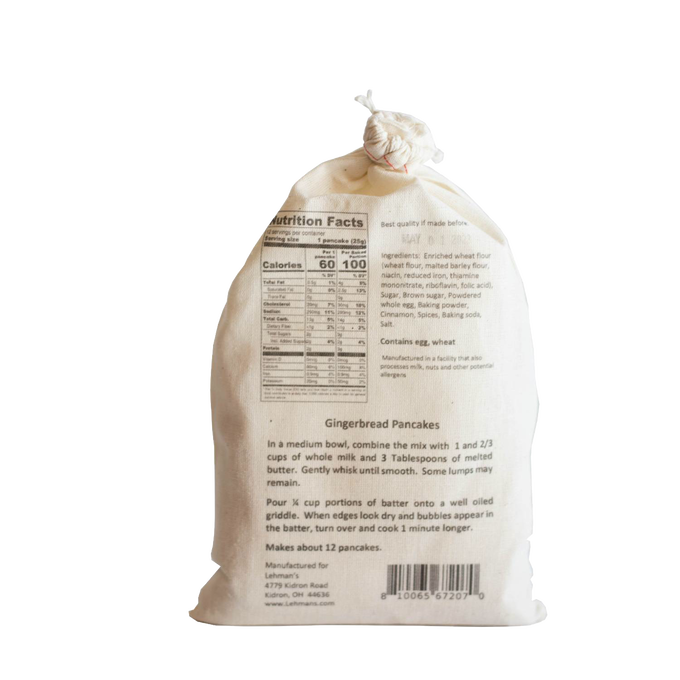 Natural fabric bag of handcrafted Lehman's pancake mix in gingerbread flavor, featuring nutrition facts, ingredients, and cooking instructions, ideal for Kitchen & Food, Pantry, Dry Goods and Mixes, Best Sellers, and Promo Eligible collections.