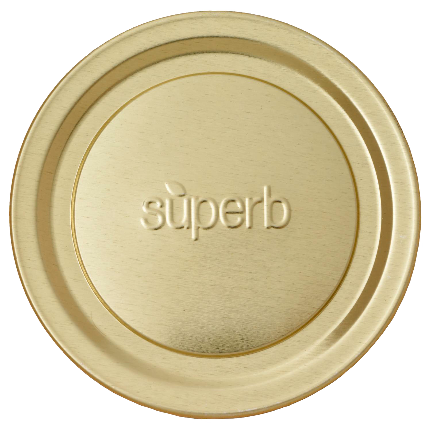 Gold-tone wide-mouth canning jar lid embossed with the word superb, crafted in USA for Kitchen & Food, Food Preservation, and Canning collections with BluSeal™ sealing technology.