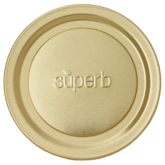 Gold-tone wide-mouth canning jar lid embossed with the word superb, crafted in USA for Kitchen & Food, Food Preservation, and Canning collections with BluSeal™ sealing technology.