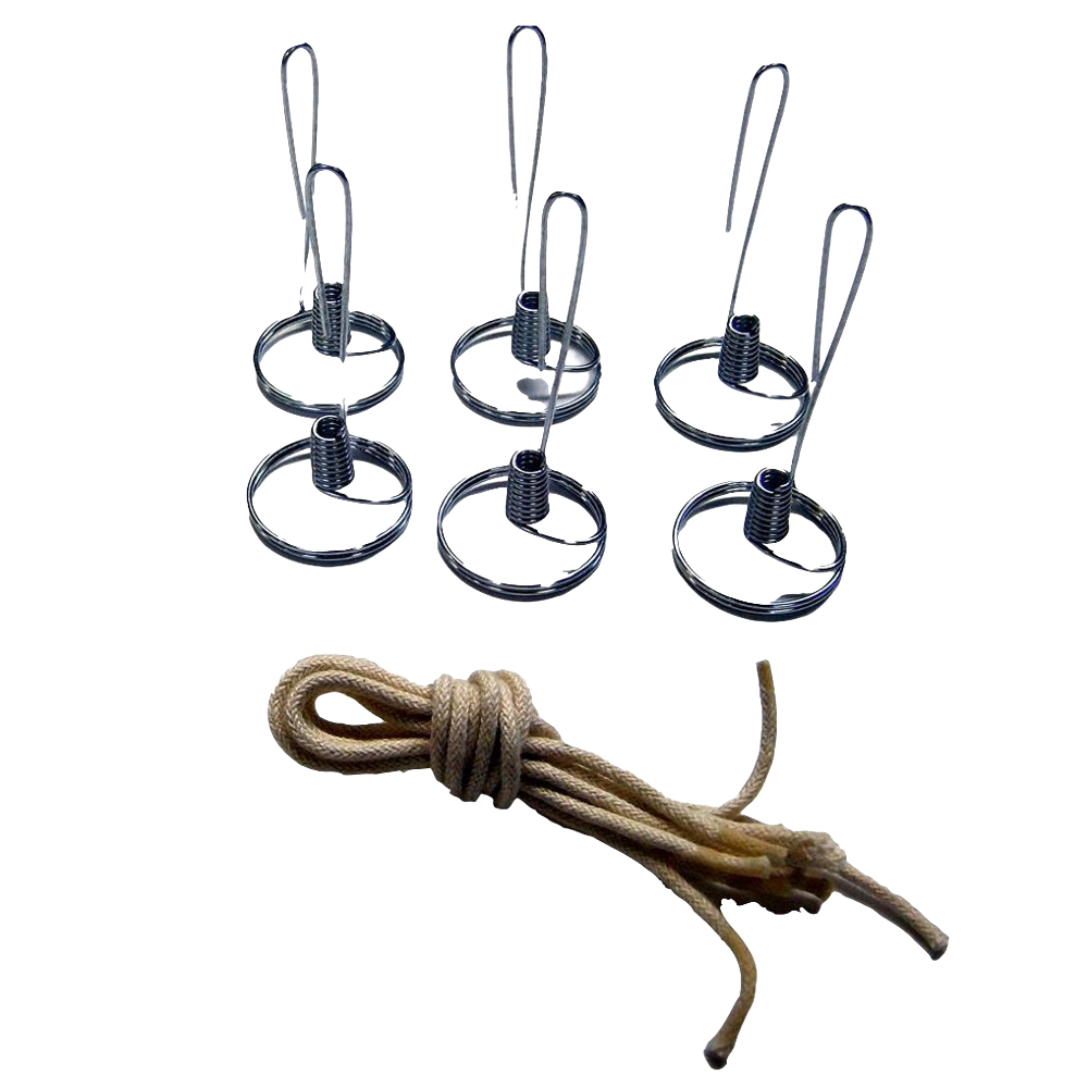 Six handcrafted steel wick holders for votive size lamps arranged above a coiled, braided cotton wick, highlighting USA made oil lamp parts in Lamps & Lighting and Olive Oil Lamps collections.