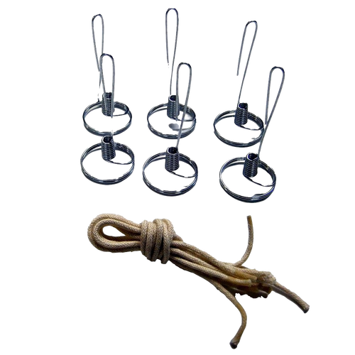 Six handcrafted steel wick holders for votive size lamps arranged above a coiled, braided cotton wick, highlighting USA made oil lamp parts in Lamps & Lighting and Olive Oil Lamps collections.