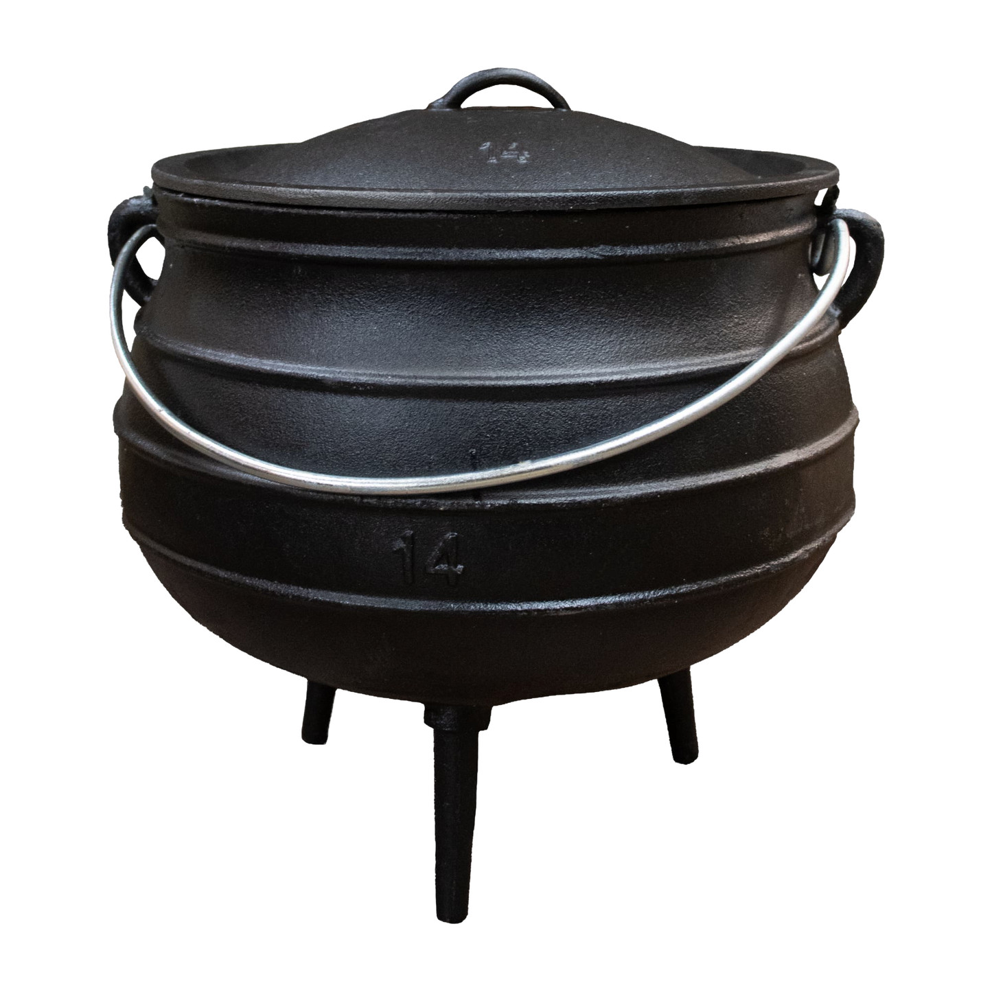 Handcrafted cast iron campfire kettle with a round body, three sturdy legs, wire bail handle, and fitted lid, made for durable outdoor use in Farm, Garden & Tool, Camping, Best Sellers, Promo Eligible collections.