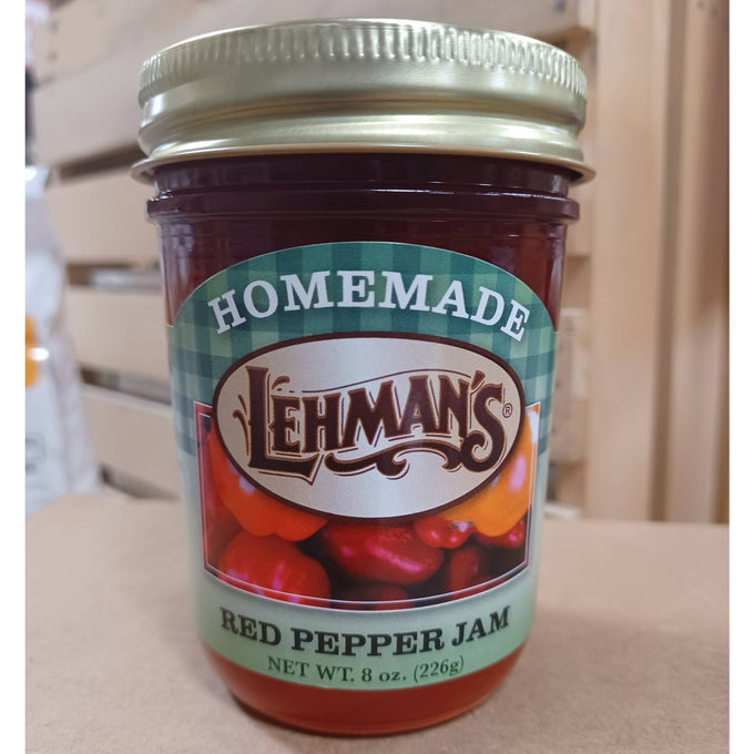 Handcrafted Amish-made red pepper jam in an 8 oz glass jar featuring all-natural ingredients, made in USA, ideal for Kitchen & Food, Pantry, Peanut Butter & Jellies, and Best Sellers collections.
