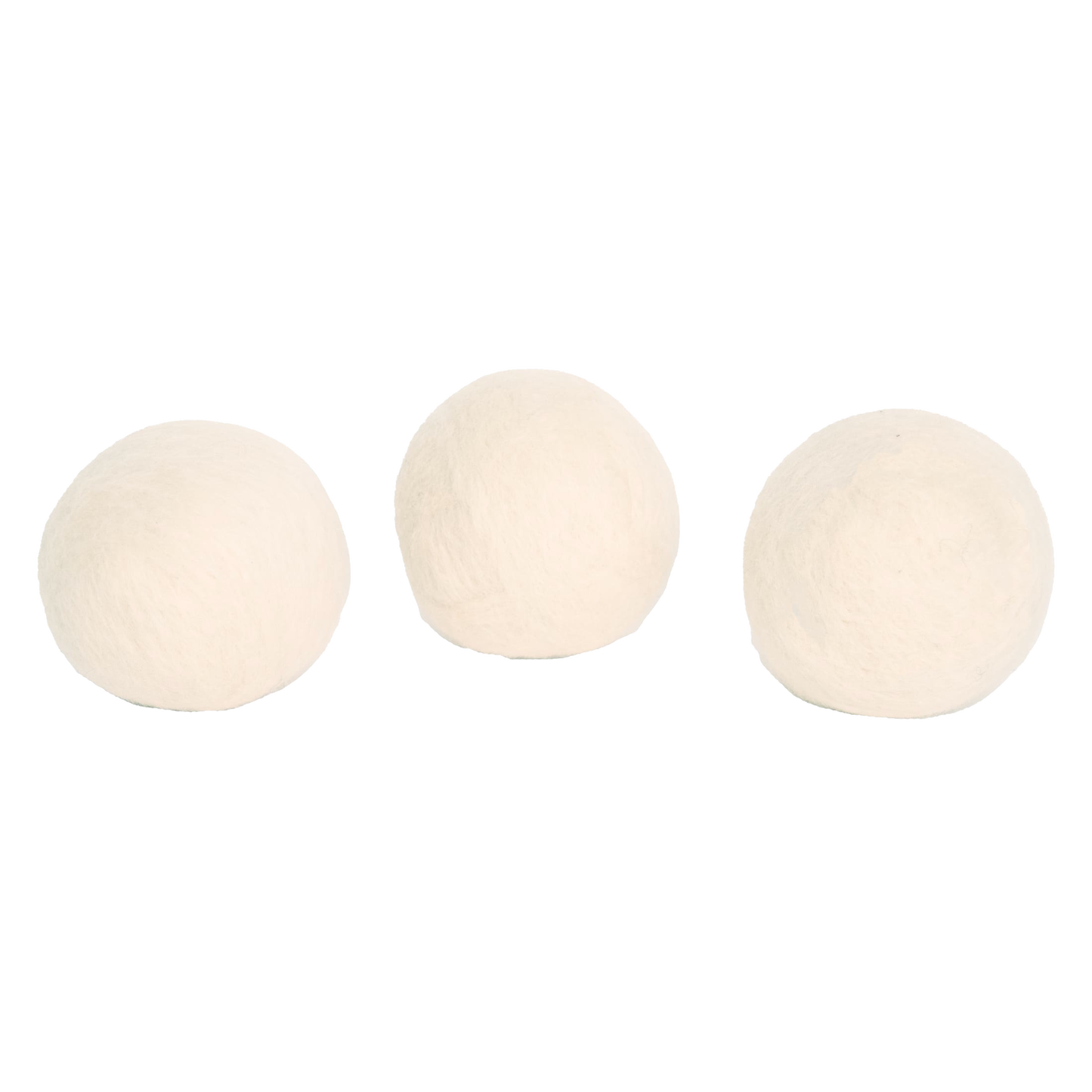 Set of three natural wool dryer balls in soft cream color, handcrafted in the USA for eco-friendly laundry, featured in Home & Decor and Laundry Supplies collections.