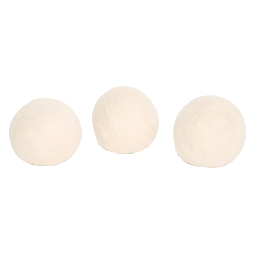 Set of three natural wool dryer balls in soft cream color, handcrafted in the USA for eco-friendly laundry, featured in Home & Decor and Laundry Supplies collections.