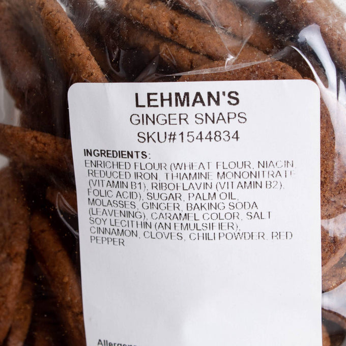 Close-up of a bag of handcrafted Amish made ginger snap cookies showing detailed ingredient label, perfect for Kitchen & Food, Snacks and Sweets, USA Made, and Best Sellers.