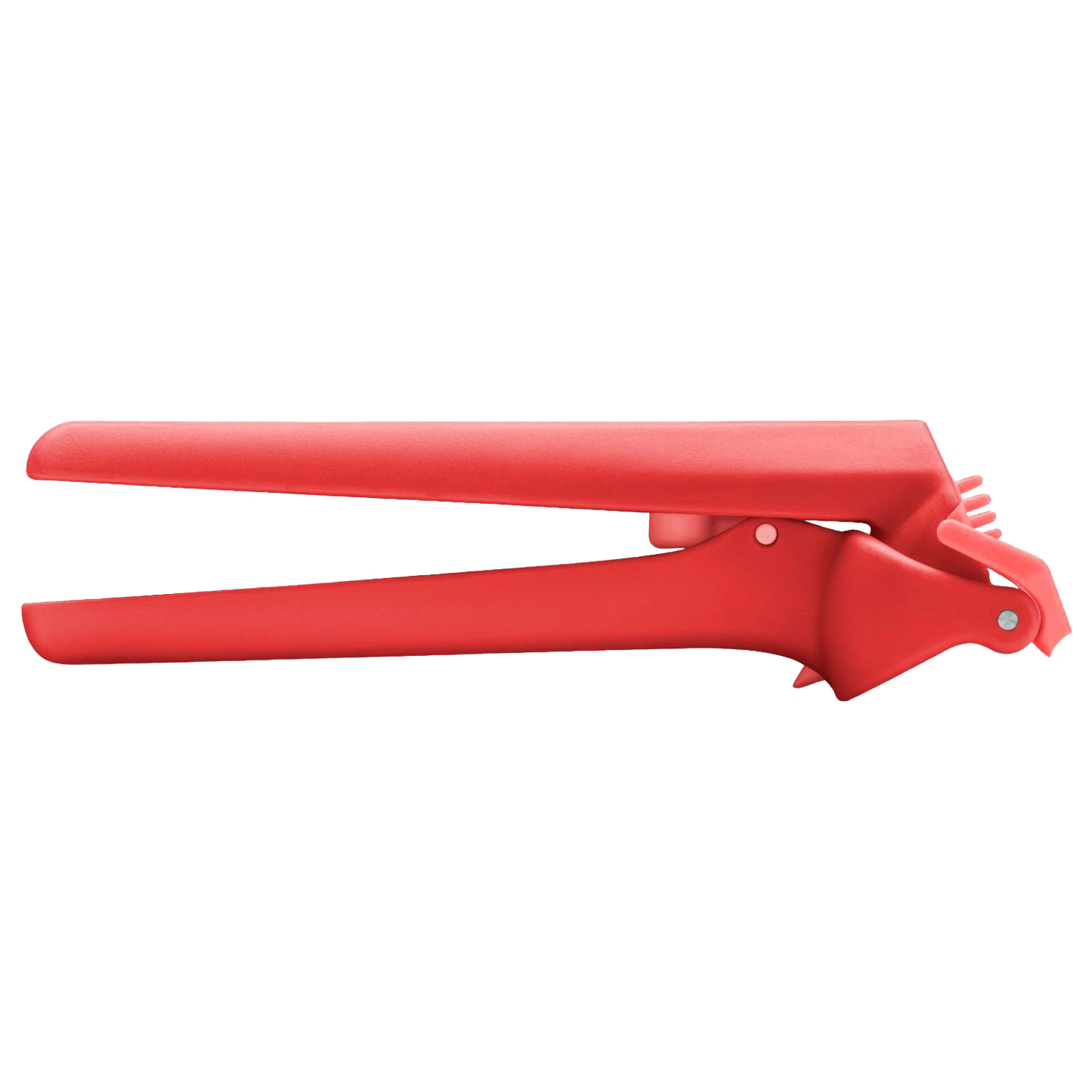 Red garlic press with an ergonomic design that presses unpeeled cloves, automatically scrapes clean, and ejects peels, ideal for Kitchen & Food, Food Prep, and Kitchen Gadgets collections.
