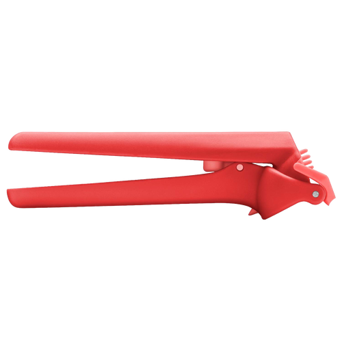 Red garlic press with an ergonomic design that presses unpeeled cloves, automatically scrapes clean, and ejects peels, ideal for Kitchen & Food, Food Prep, and Kitchen Gadgets collections.