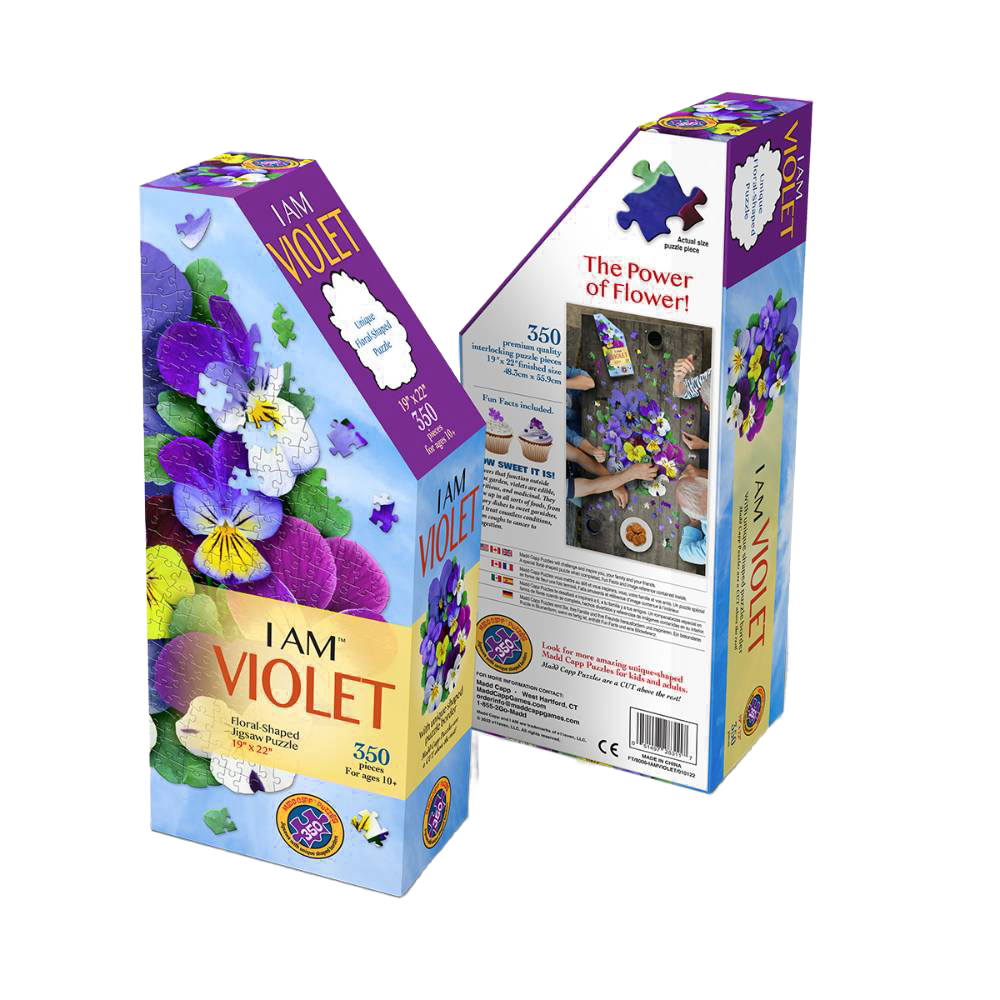 Handcrafted 350-piece shaped jigsaw puzzle featuring vibrant violets with unique border design, educational fun facts, and premium chipboard, for Toys, Books & Games and Puzzles collections.